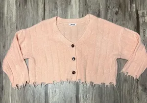Double Zero Distressed Frayed Hem Cropped Cardigan Sweater Peach Pink Small thumbnail 1
