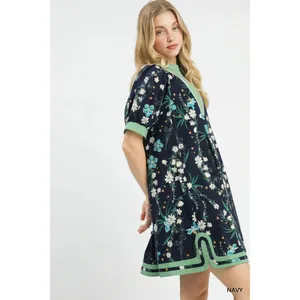 Umgee Floral Puff Sleeve Dress with Contrast Trim - Navy - Small thumbnail 2