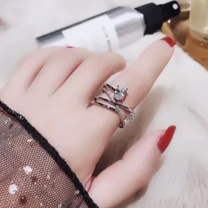 18K White Gold Plated Adjustable Crystal Open Ring for Women thumbnail 4