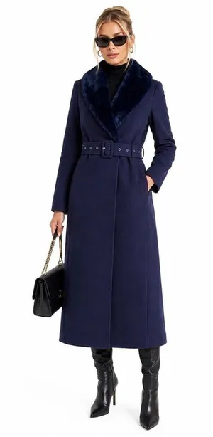 NEW Naked Wardrobe Navy Blue Faux Fur Collar Belted Long Coat Small Winter Lux thumbnail 1