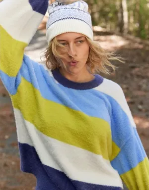 Aerie Flurry Rugby Stripes Fuzzy Oversized Crew Neck Sweater Blue Green Medium‎ thumbnail 1