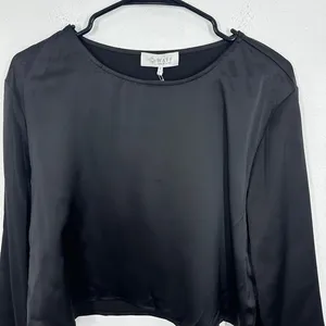 WAYF Black Satin Feather Trim Long Sleeve Crop Top Women's Size‎ S NWT Shopbop thumbnail 5