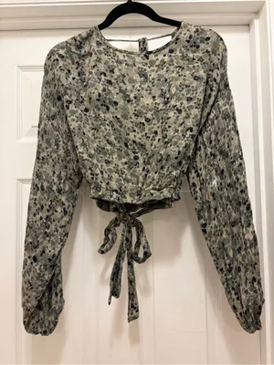 Women's Long-Sleeve Tie-Front Blouse in Olive Floral Print thumbnail 1