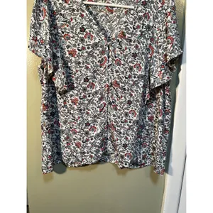 Loft Womens Size Large Blouse Short Flutter Sleeve Button Front Floral Butterfly thumbnail 5