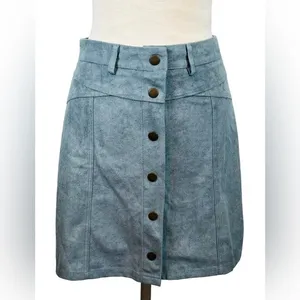 She + Sky Faux Suede Mini Skirt Womens Large‎ Blue Button Front A-Line Indie thumbnail 2