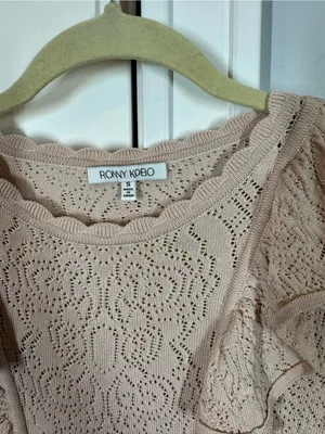 Ronny Kobo Tan Pointelle Open-Knit Bell Sleeve Ruffle Sweater Top Size Small thumbnail 2