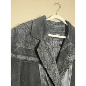 Women's Leather Coat Long Trench Black Patchwork Gothic Print Whimsigoth Moto 80 thumbnail 3