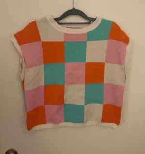 Amazon Colorblock Checkerboard Knit Vest - White, Orange, Pink, Aqua thumbnail 1