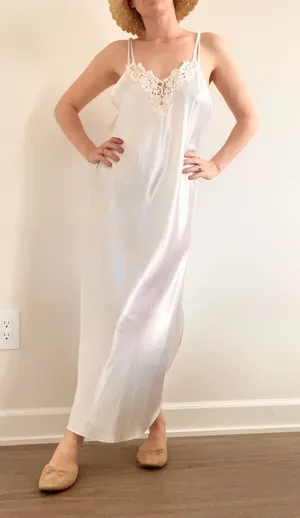 Vintage Cream Lace-Trim Satin Maxi Slip Dress thumbnail 1