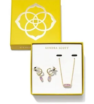Kendra Scott Eva Pendant Gold Pink Opal Necklace Emma Huggie Earring Set New thumbnail 1