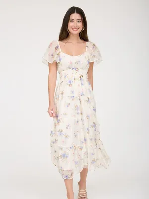 Floral Chiffon Flounce Sleeve Shirred Midi Dress Medium thumbnail 2