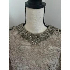 Teri Jon Gold Lace Beaded Neck Mermaid Gown Size 8 Vintage Designer Sheer Dress thumbnail 4