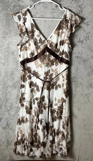 Vintage Y2K Earthy Brown Floral Bohemian Midi Dress‎ Tie Waist Large thumbnail 1
