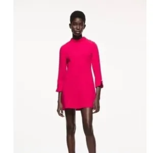 ZARA Mock Neck Mini Dress Gold Buttons Solid Pink Retro Knit Valentine Small thumbnail 4