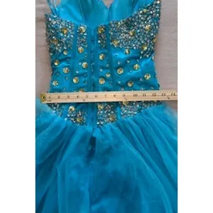 Aqua Blue Rhinestone Embellished Tulle Prom Gown Corset Back Sweetheart Dress thumbnail 10