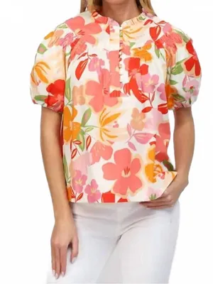 Fate Floral Puff-Sleeve Blouse - Pink, Orange, Green thumbnail 1