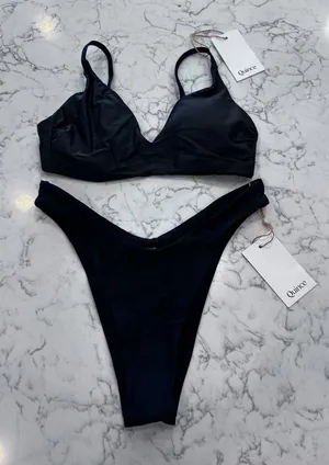 NWT Quince Black Italian V Neck Bikini Top & High Rise High Leg Bottom Set Small thumbnail 1