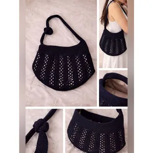 Navy Gold Metallic Crochet Shoulder Bag Open Knit Hobo Purse Boho Y2K Slouchy Ha thumbnail 2