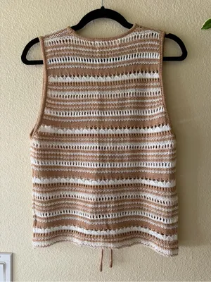 Charleston Stroll Top - Striped Crochet Tie-Front Camisole in Beige and Cream thumbnail 4