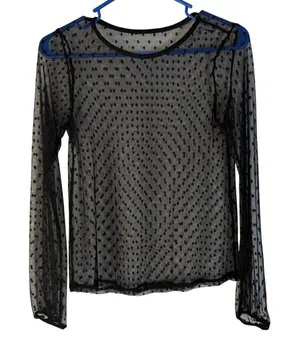Sheer Black Polka Dot Mesh Long Sl Top Women's Swoss Dot‎ Blouse Small Going out thumbnail 1