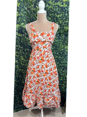 Boutique Floral Garden Party Midi Dress Tie Back Ruffle Hem Cotton Size Medium thumbnail 5