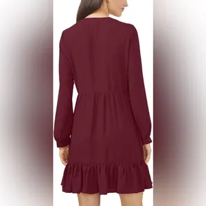 Vince Camuto Long Sleeve Split Neck Tiered Babydoll Dress in Crisp Merlot Sz XXL thumbnail 3