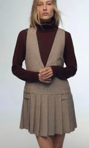 Zara Brown Plaid Pleated Pinafore Mini Skirt Dress thumbnail 1