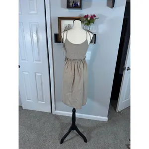 Commense Khaki Tan Cotton Linen Ruffle Waist Tie Strap Midi Dress Large NEW thumbnail 2