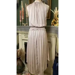 Entro‎ Women Mauve Satin Striped Smocked Waist Pleated Midi Dress Size S D14082 thumbnail 3