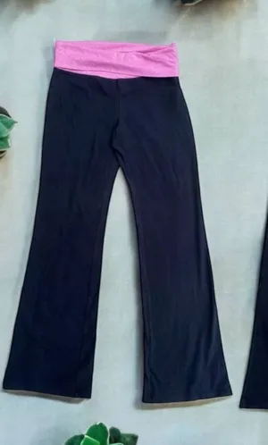Y2K VS PINK M Foldover Black Flare Leggings Pink Silver Logo Low Rise Vtg thumbnail 1