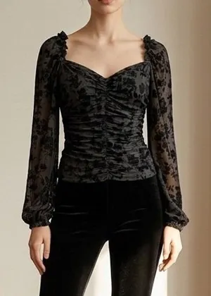 Black‎ Velvet Burnout Ruched Mesh Top Sweetheart Neck Whimsigoth Sheer Steampunk thumbnail 1