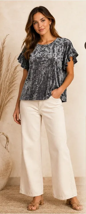 Altar'd State Gray Velvet Ruffled Flutter‎ Sleeve Top Size M thumbnail 1
