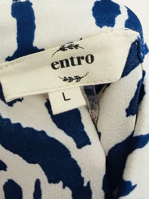 Entro Abstract Button Down Satin Top Smocked Cuff Ruffle Sz L Blue Ivory NWOT thumbnail 9
