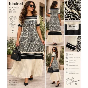 Kindred Pleated Maxi Dress M Cream Black Abstract Geometric Short Sleeve Print thumbnail 2