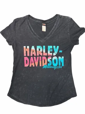 Harley-Davidson Acid Wash V-Neck // Retro Neon Goodyear AZ Biker Tee S thumbnail 1