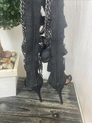 Cape Robbin Black Alza 77 Frayed Denim Spike Heel Chain Trim Gladiator Shoes 6 thumbnail 4