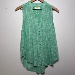 Maeve‎ Anthropologie Women Tunic Tank Top XS Green Medallion Pintuck Sleeveless thumbnail 3