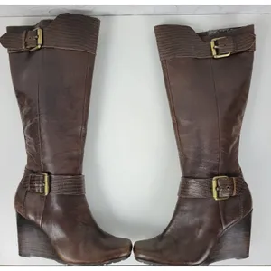 a.n.a. A New Approach Womens Boots 7 Brown Leather Knee High Wedges Heels Buckle thumbnail 14