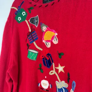 Vintage Red Christmas Sweater Embroidered Santa Toys Gifts Holiday Pullover thumbnail 8