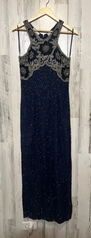 Navy Blue Beaded Embellished Maxi Dress Formal Evening Gown Size M thumbnail 1