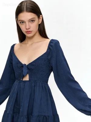 Le Lis Blue Smocked Babydoll Mini Dress Tie Front Boho size M thumbnail 10