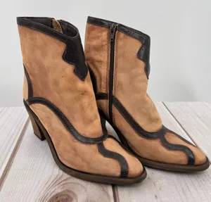Free People Winding Road Ankle Boots Brown & Black Leather Western Anthropologie thumbnail 1