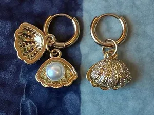 Handmade Shell with Pearl Gold Huggie Earrings thumbnail 1