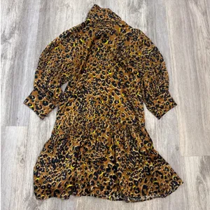 Hunter Bell New York Silk Leopard Print Tie Neck Drop Waist Mini‎ Dress XS Brown thumbnail 5