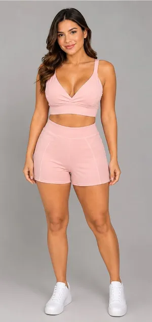 Pink Sporty Crop Top & High-Waist Shorts Set- swimsuit and activewear thumbnail 1