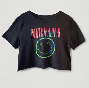 Nirvana Rainbow Smiley Crop Tee Black XXL Grunge Band Shirt thumbnail 1