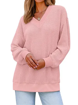 Boutique Waffle Knit Womens V-Neck Long Sleeve Pullover Casual Outfits Loose Top M thumbnail 3