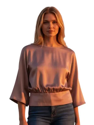 Express Satin Blouse Womens L Dusty Rose Dolman Sleeve Smocked Waist Party Top thumbnail 2