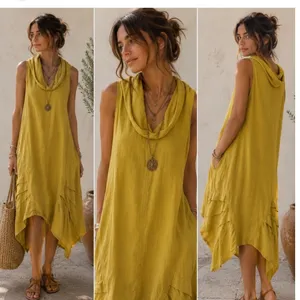 For Cynthia Mustard Yellow Linen Blend Cowl Neck Tulip Hem Midi Dress‎ Small thumbnail 2