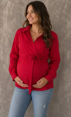 Motherhood Maternity Red Faux Wrap Tie-Front Long Sleeve Blouse thumbnail 1